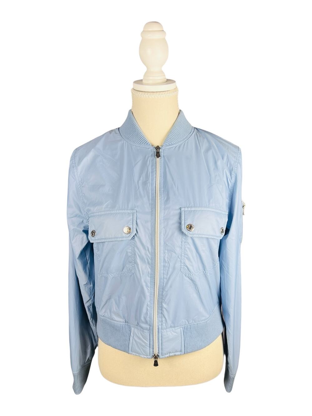 Anatomie Ellis Satin Travel Bomber Cropped Jacket Sky Blue Nylon XS